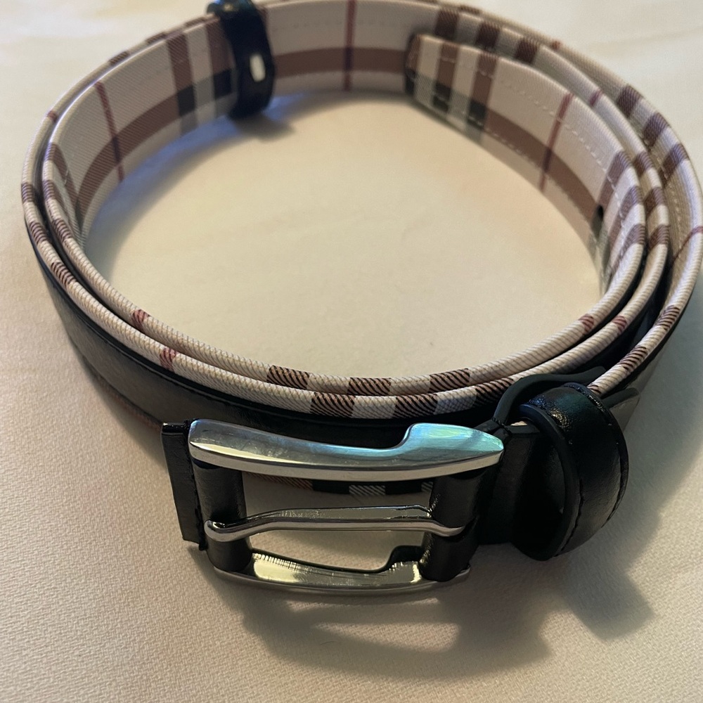 Black and Brown Plaid Belt with Leather Trim